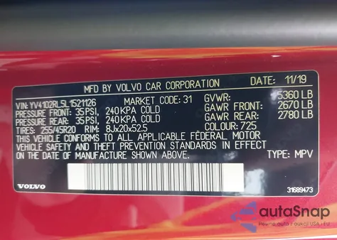 2020 Volvo Xc60 T5 Inscription из США, поврежденный, VIN YV4102RL5L1521126